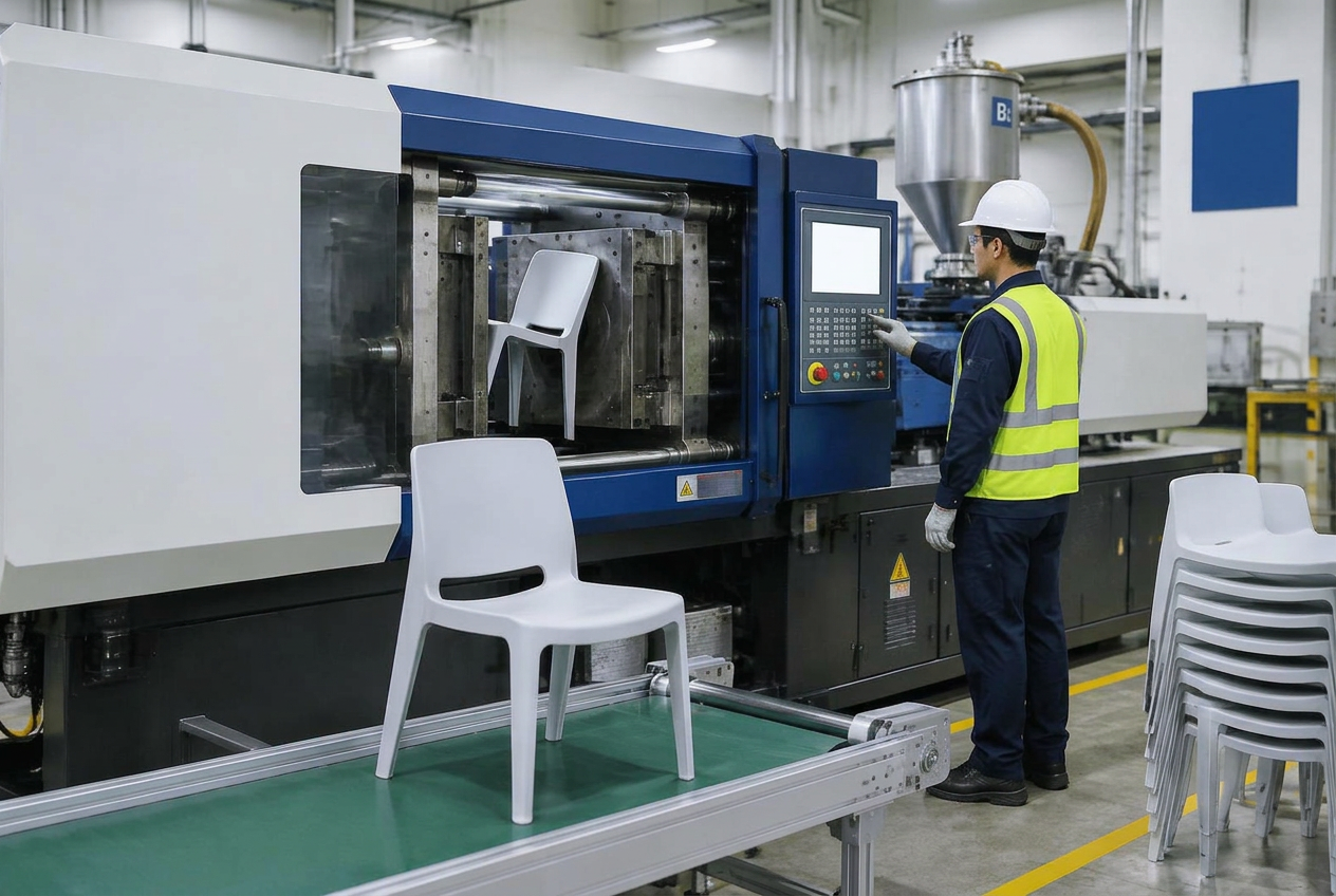 Technician operating an injection molding machine producing a plastic chair